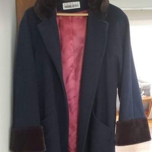 Long Navy Wool Coat with Fur collar and cuffs